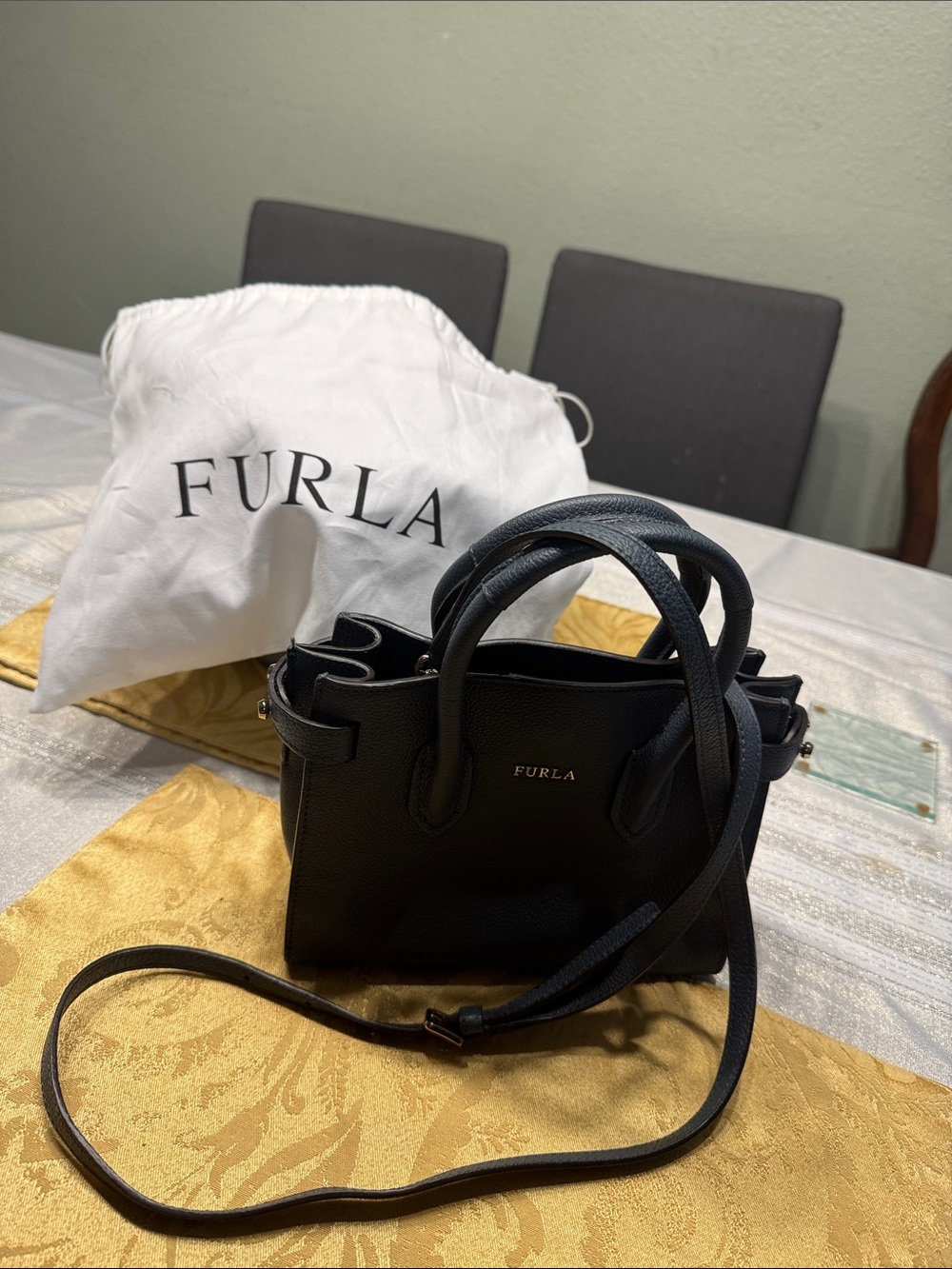 Furla Black Pebbled Leather Mini Satchel with Crossbody Strap